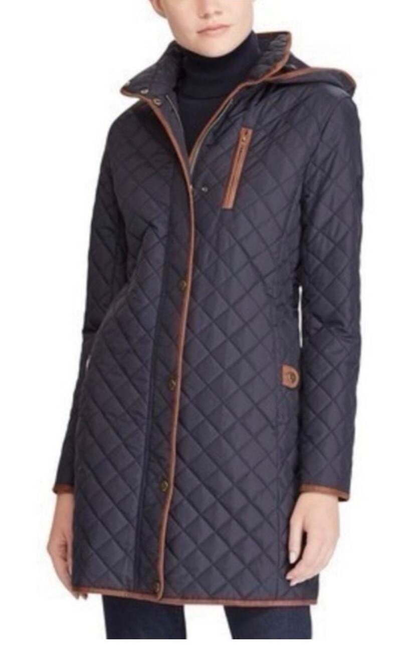 Ralph Lauren Hooded Quilted Faux-leather Trim Coat Dark Navy Size M NEW!